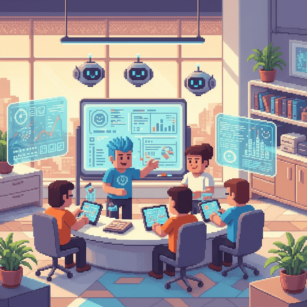Pixel art illustration of a satisfied team collaborating with AI tools in a modern workplace, showing higher engagement and job satisfaction