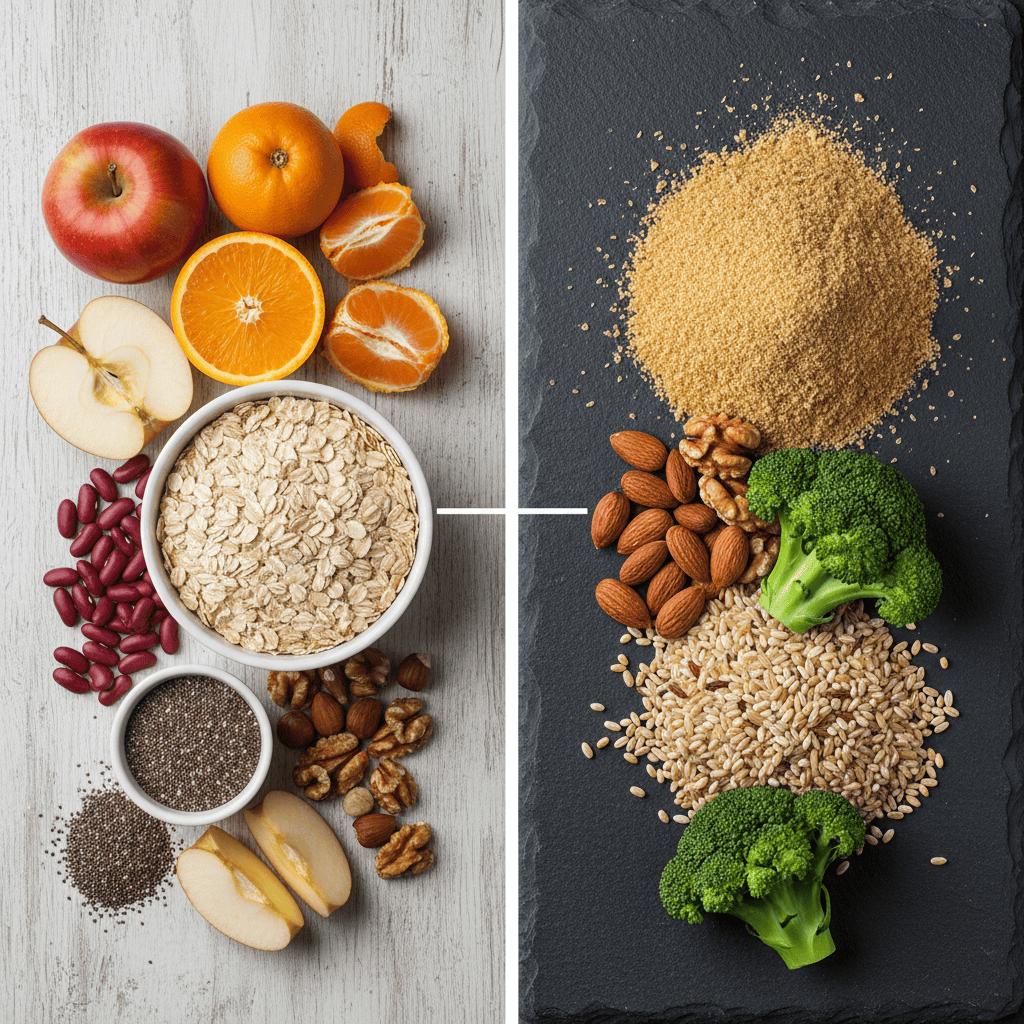 Visual comparison of soluble versus insoluble fiber sources and their digestive health benefits
