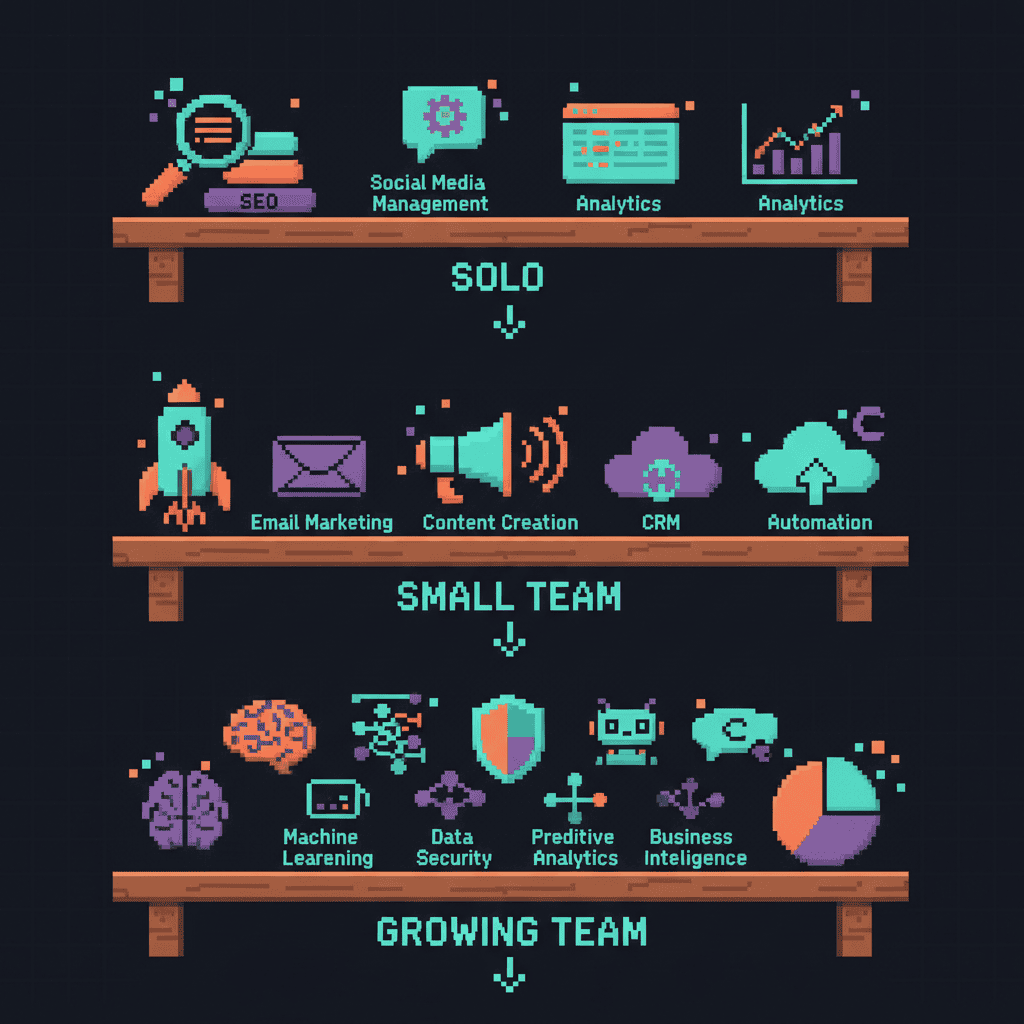 Pixel art illustration of three shelves showing AI tool stacks for different team sizes, representing scalable AI marketing technology choices