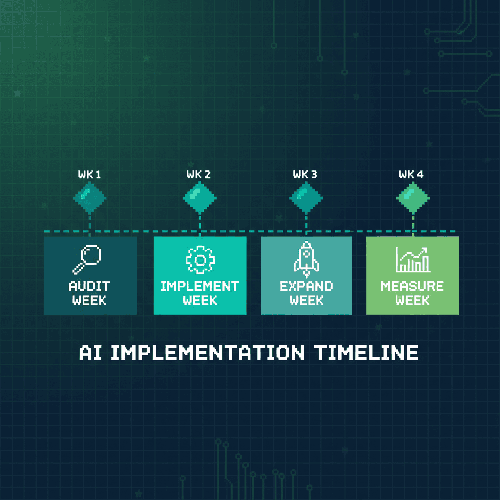 Pixel art illustration of a 4-week AI implementation timeline with milestone markers for audit, implement, expand, and measure phases