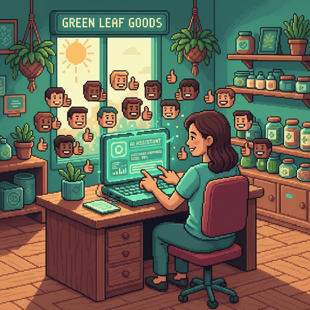 Pixel art illustration of a small business owner using AI customer service tools to improve customer experience