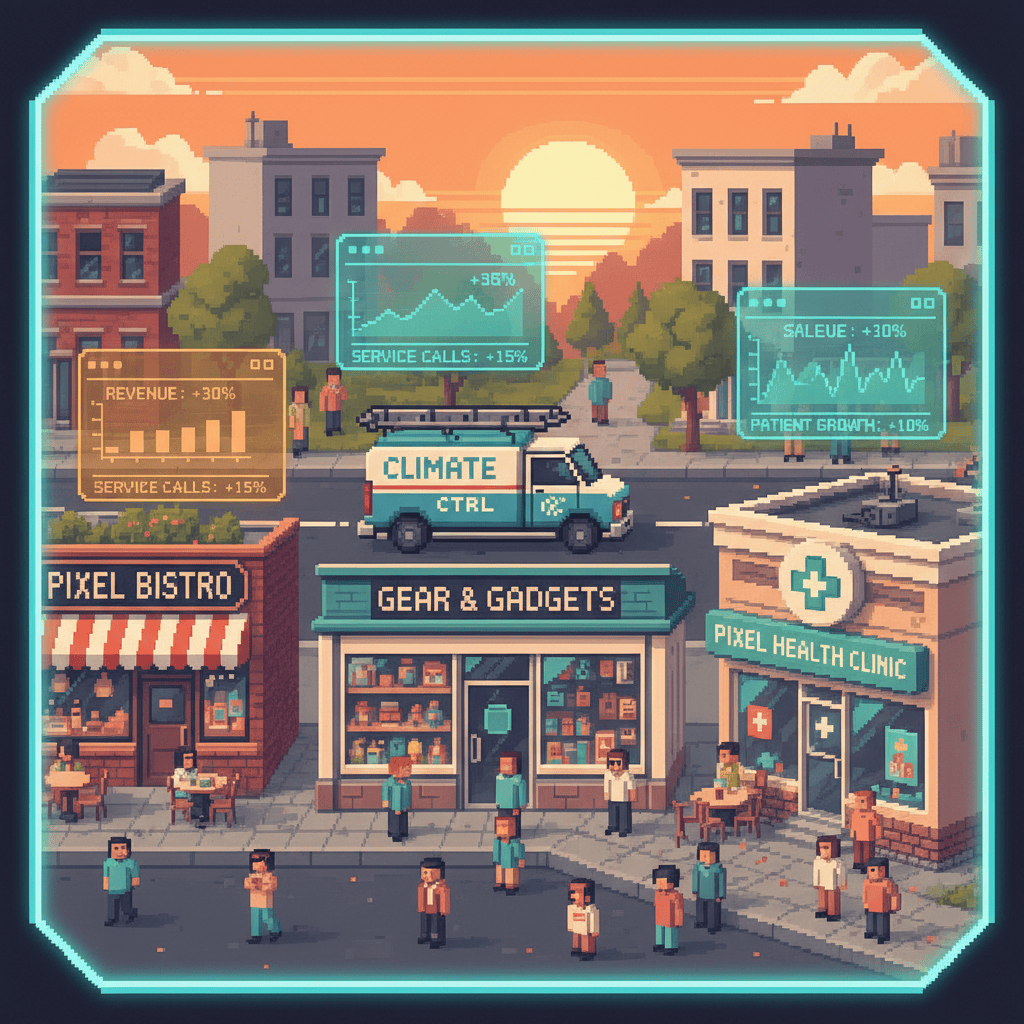 Pixel art illustration showing AI revenue growth across multiple local business types including restaurants, service businesses, medical offices, and retail shops