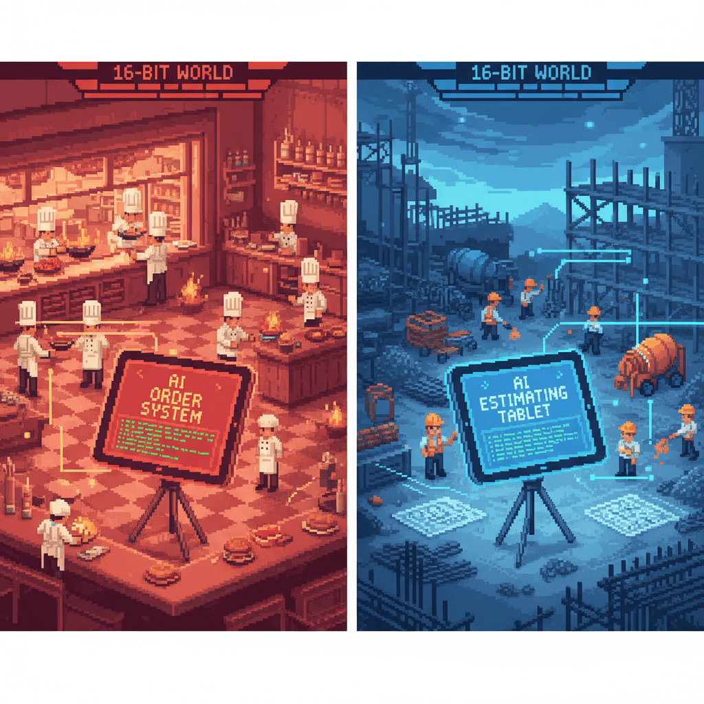 Pixel art illustration showing AI tools helping restaurants with order management and contractors with estimating and project management