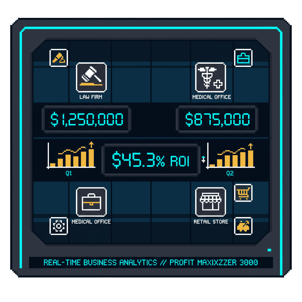 Pixel art illustration showing AI ROI comparison dashboard with dollar amounts and charts for different local business verticals
