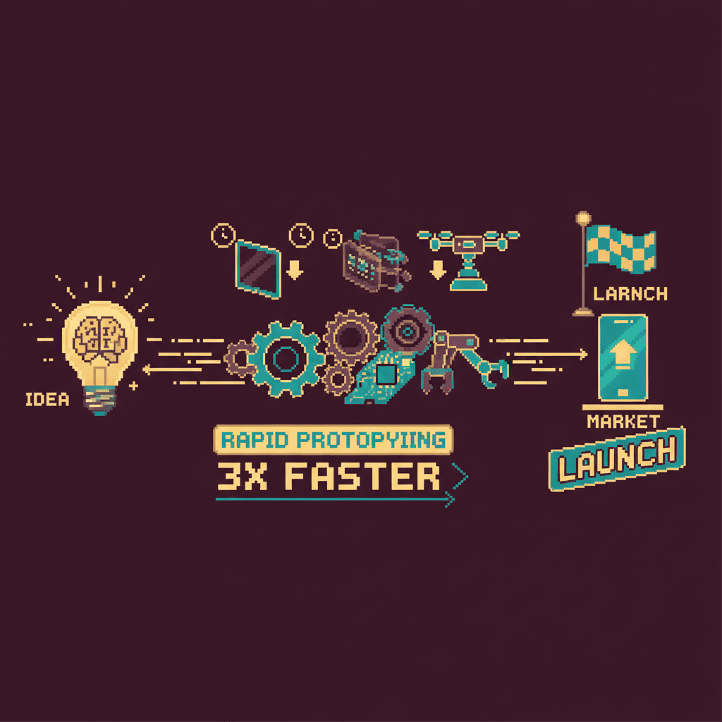 Pixel art innovation pipeline showing AI-assisted journey from idea to market with time markers and reduced cycle times