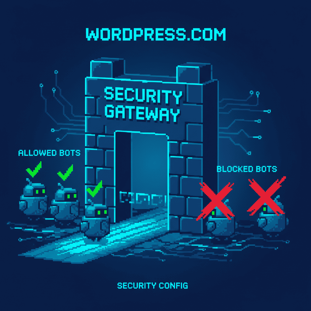 Pixel art illustration of LLM crawler access configuration for WordPress