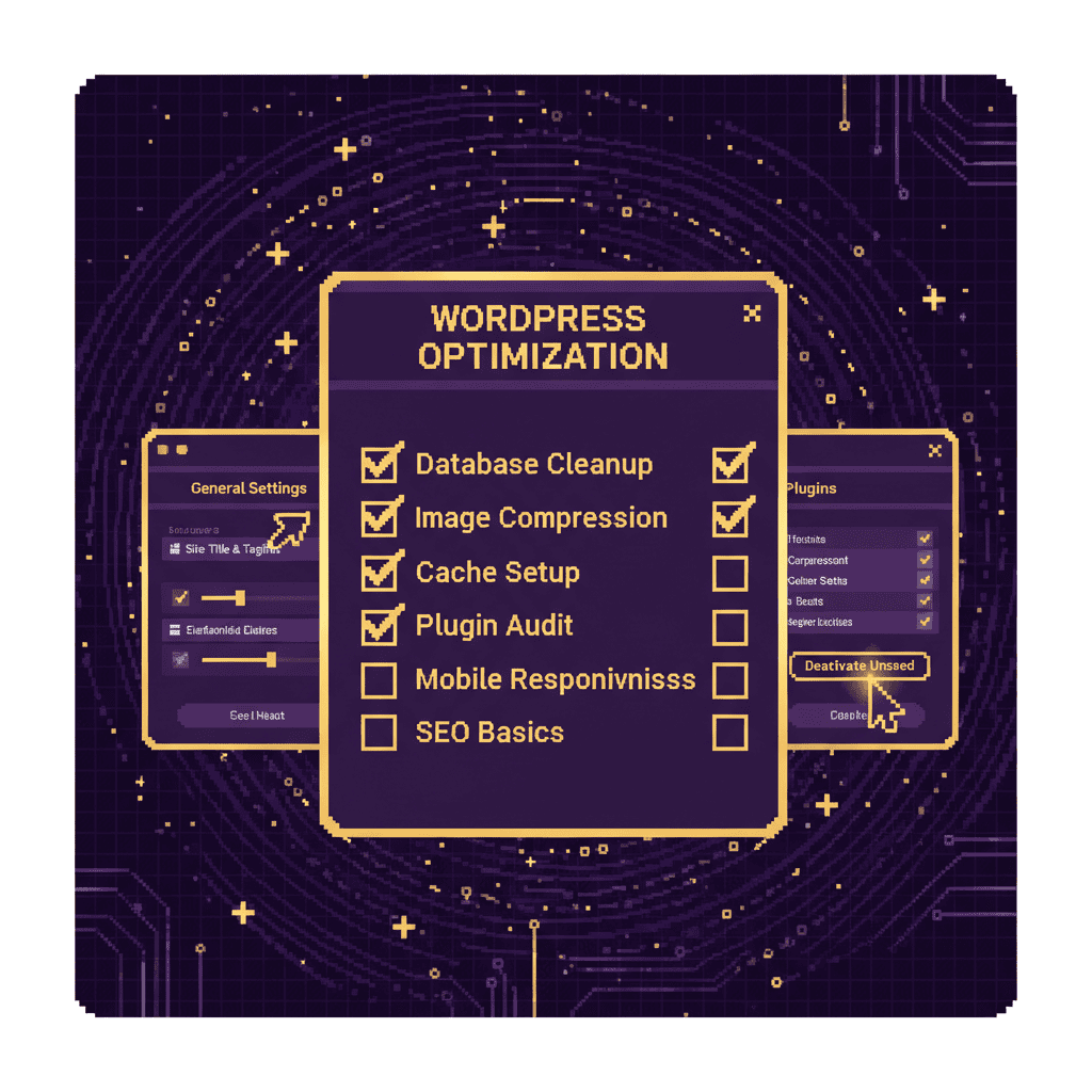 Pixel art illustration of completed WordPress LLM optimization checklist