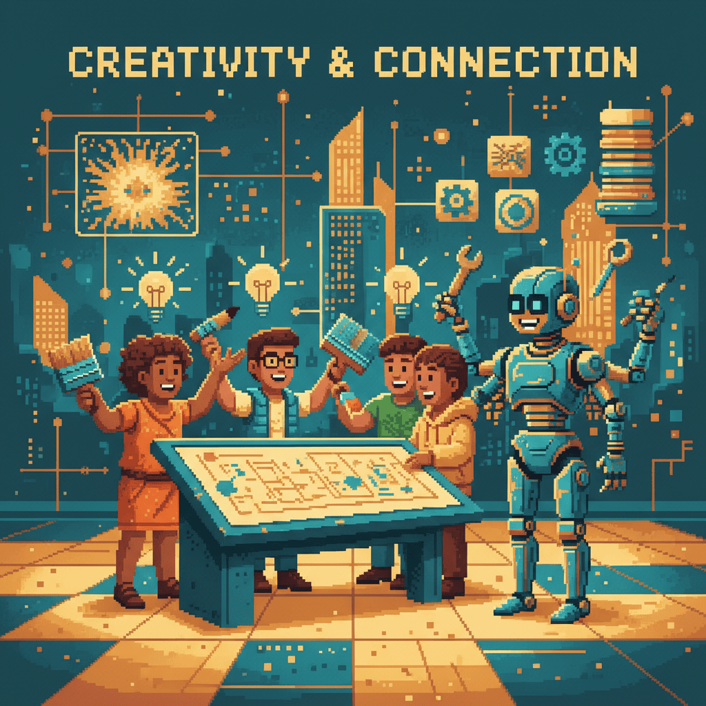 Human creativity and connection that AI cannot replace — pixel art