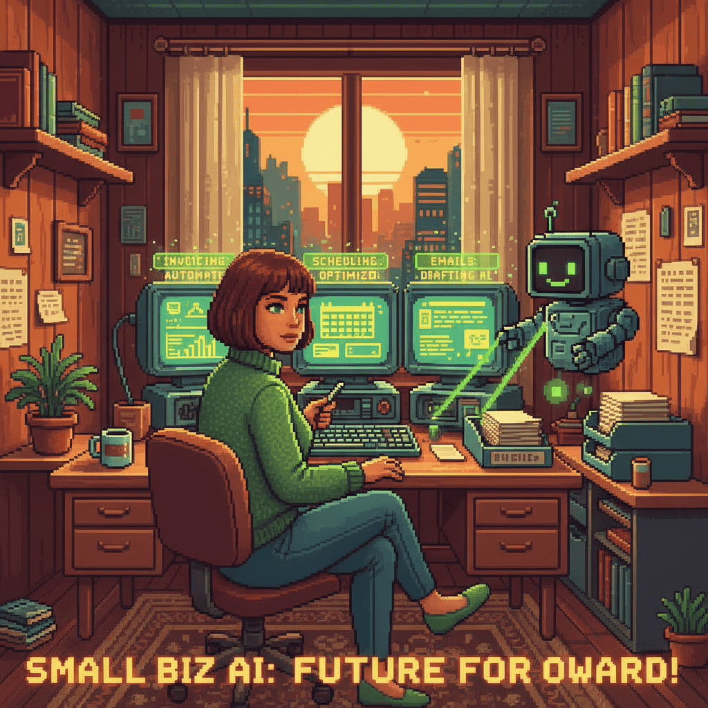 Small business owner using AI tools to automate tasks — pixel art