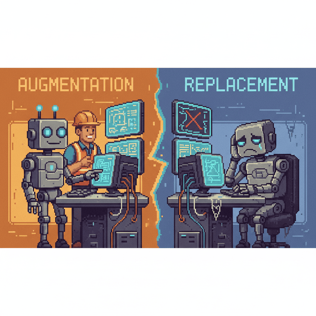 AI augmenting employees vs replacing them — pixel art illustration