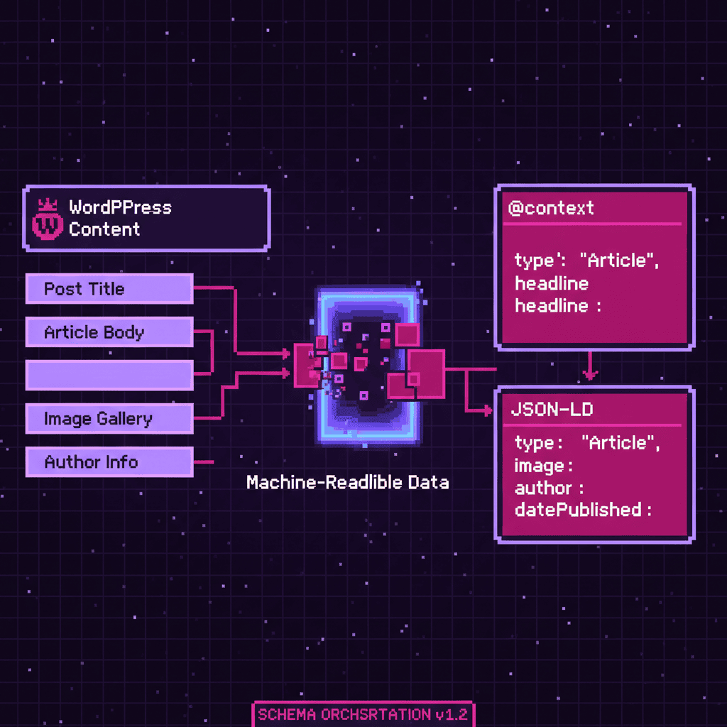 Pixel art illustration of schema markup organizing WordPress content for AI