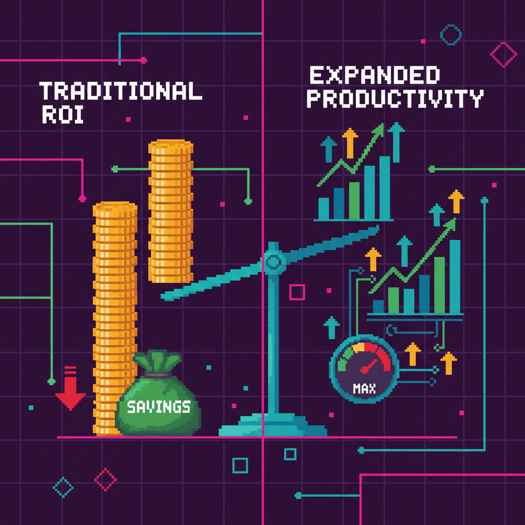 Pixel art comparing traditional cost-savings-only ROI on the left with expanded productivity metrics on the right