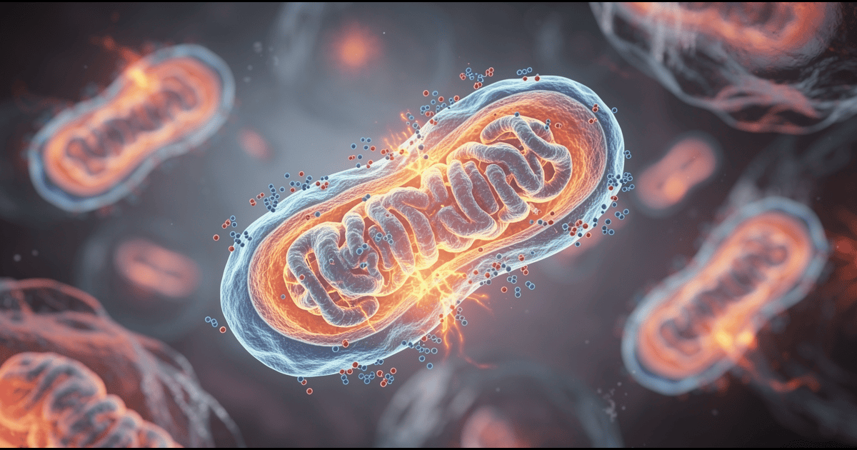 Microscopic 3D visualization of glowing mitochondria inside a human cell producing ATP energy molecules, illustrating cellular energy production and mitochondrial health.