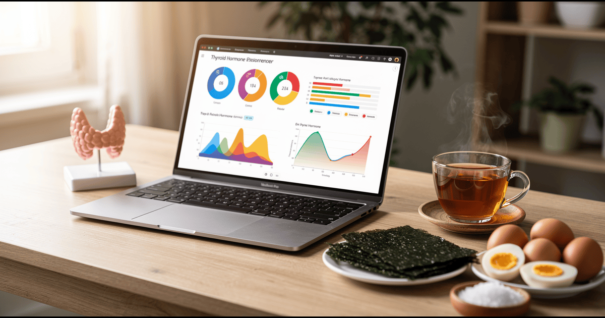 Friendly desk scene with laptop, tea, thyroid model, and iodine-rich foods representing thyroid health and iodine nutrition