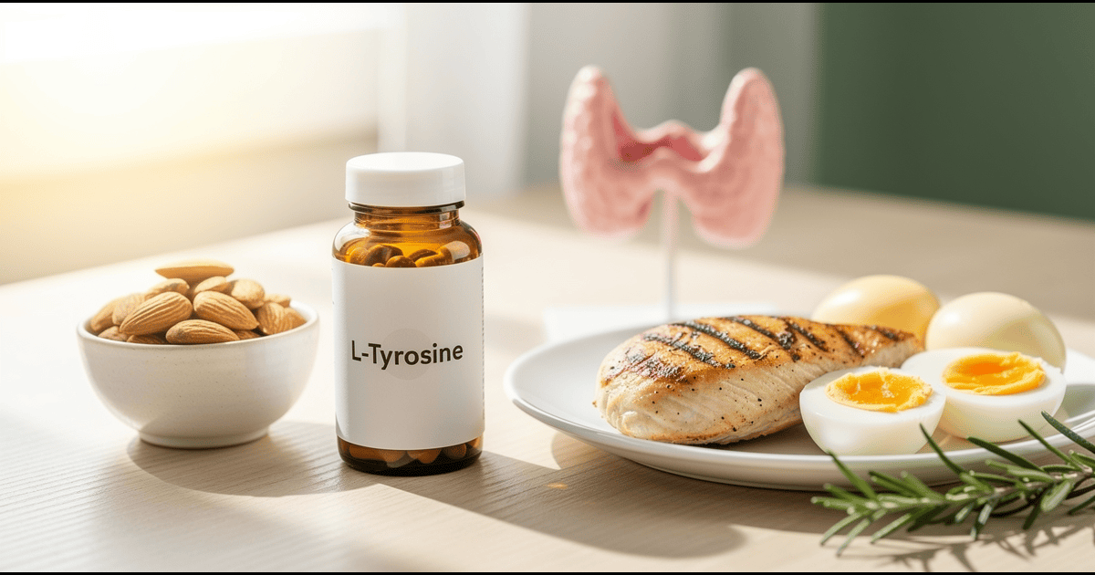 Tyrosine health and nutrition scene with L-tyrosine supplement, protein-rich foods, and thyroid gland model