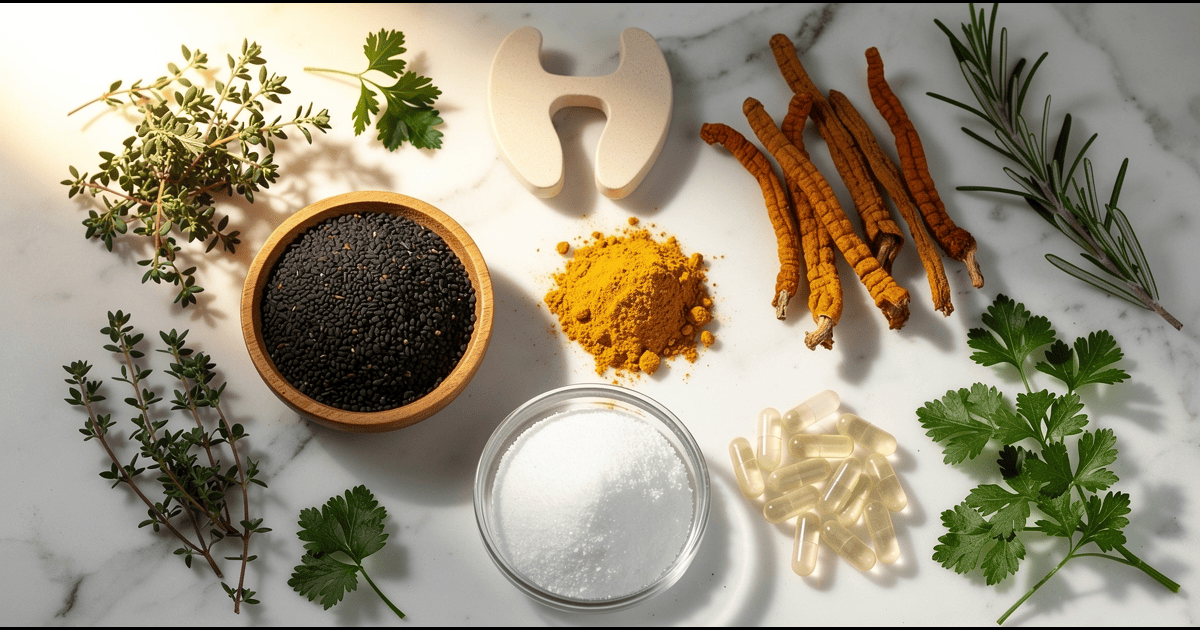 Natural supplements for Hashimoto's thyroid support including Nigella Sativa, curcumin, cordyceps, NAC, and inositol