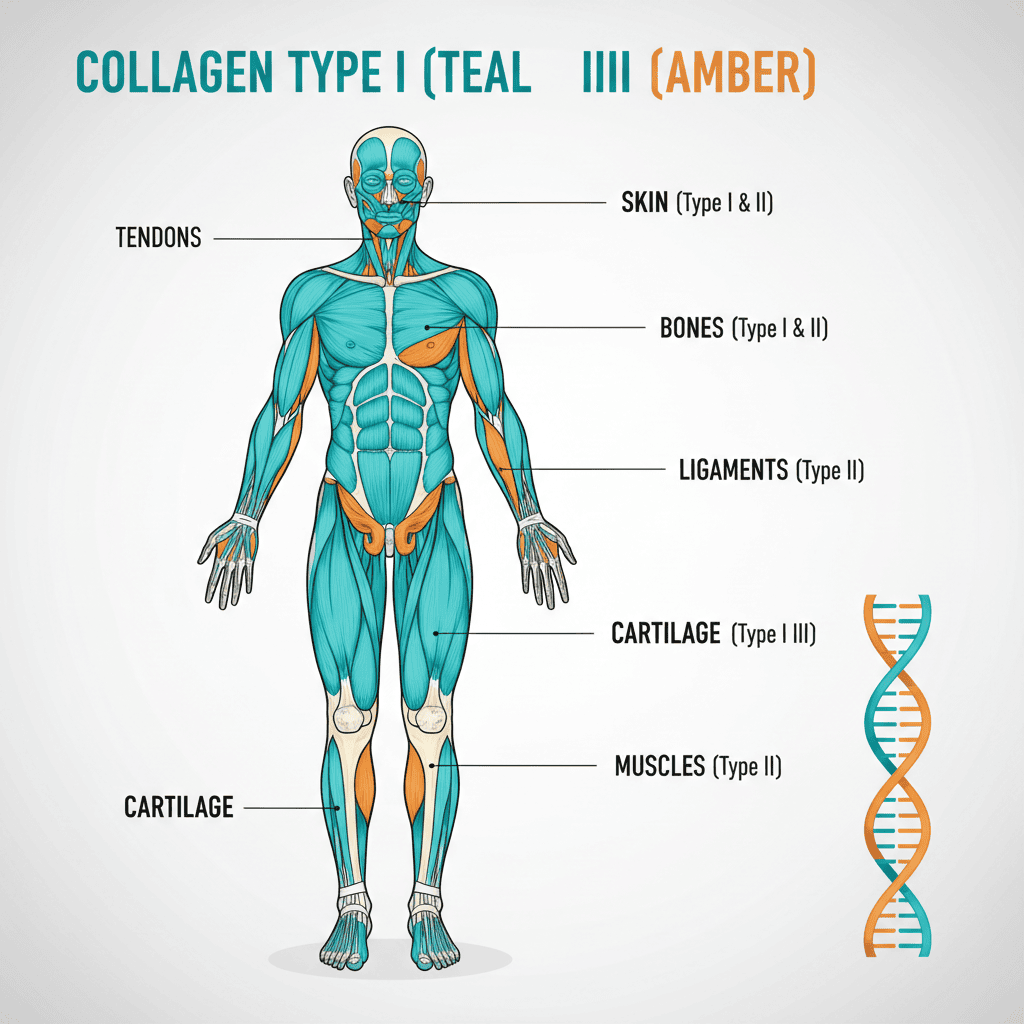 Diagram showing where collagen Types I and III are found in the human body including skin, bones, tendons, ligaments, cartilage, and muscles