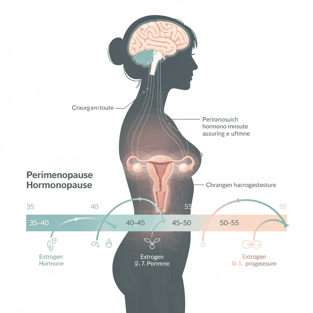 Perimenopause timeline showing hormonal changes, age ranges, and transition stages