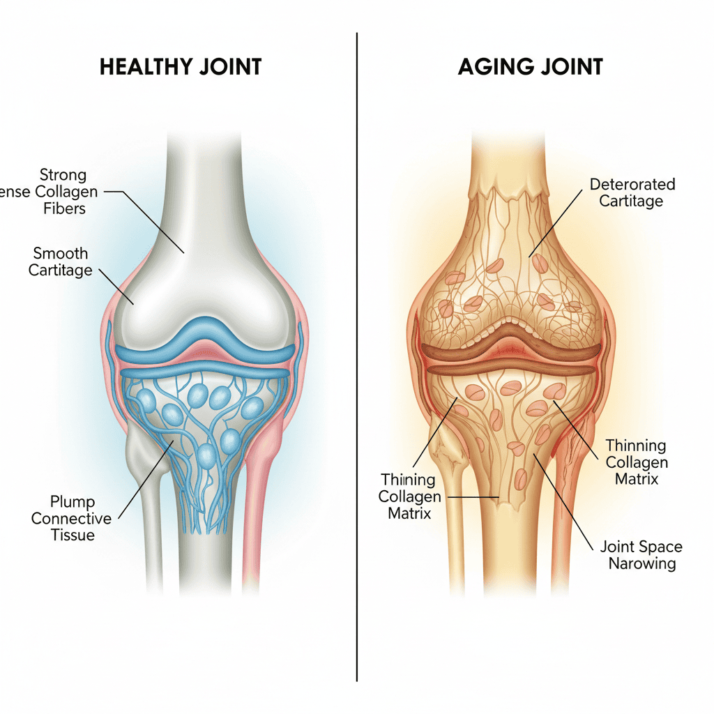 Cross section comparison of a healthy joint with strong collagen fibers versus an aging joint showing cartilage deterioration and collagen breakdown