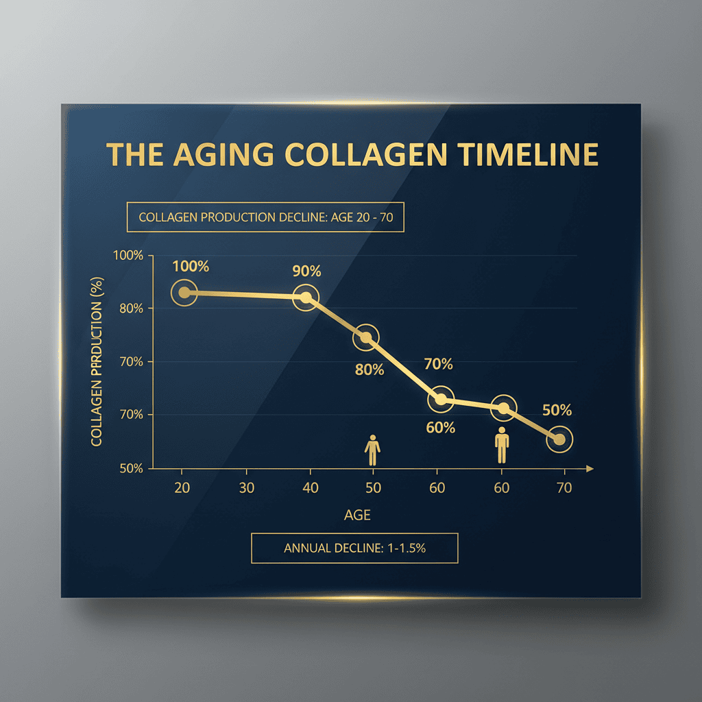 Visual timeline graph showing collagen production decline from age 20 to 70 with data points at each decade showing percentage decrease in collagen synthesis