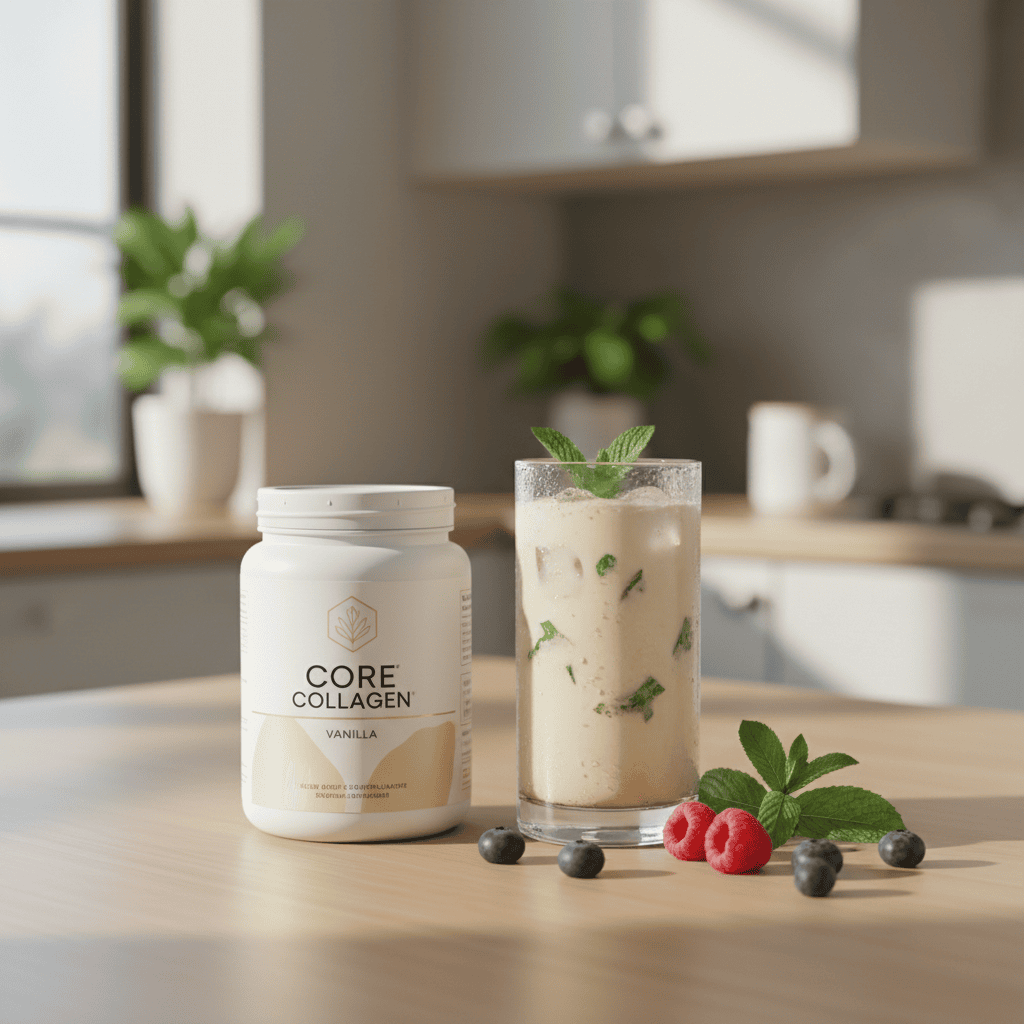 Core Collagen Vanilla supplement jar on a clean surface with a glass of mixed collagen beverage, fresh berries and mint nearby in a premium lifestyle setting