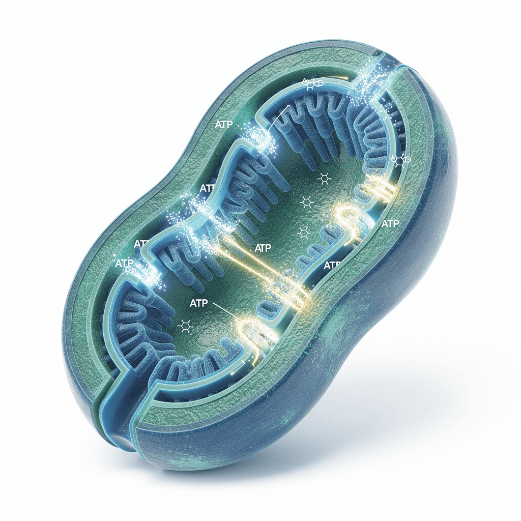 Scientific 3D cross-section diagram of a mitochondrion showing its internal structure including cristae and matrix where ATP energy is produced.