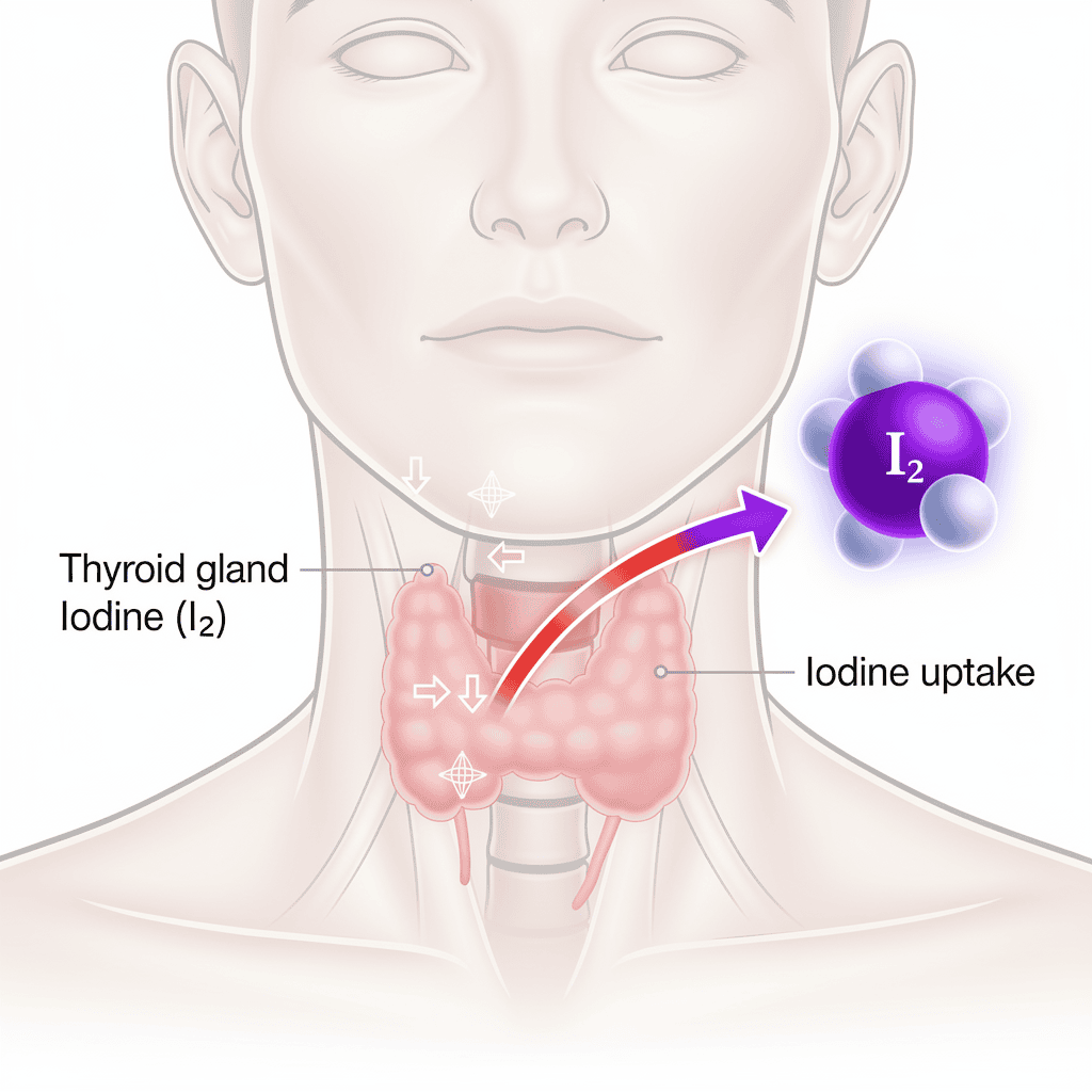 Diagram showing thyroid gland with iodine molecule illustrating how iodine supports thyroid hormone production