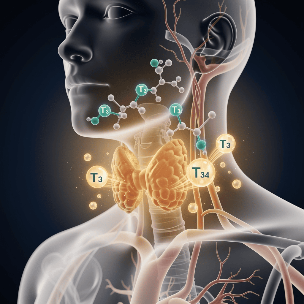 Thyroid gland illustration showing tyrosine and iodine combining to produce T3 and T4 thyroid hormones