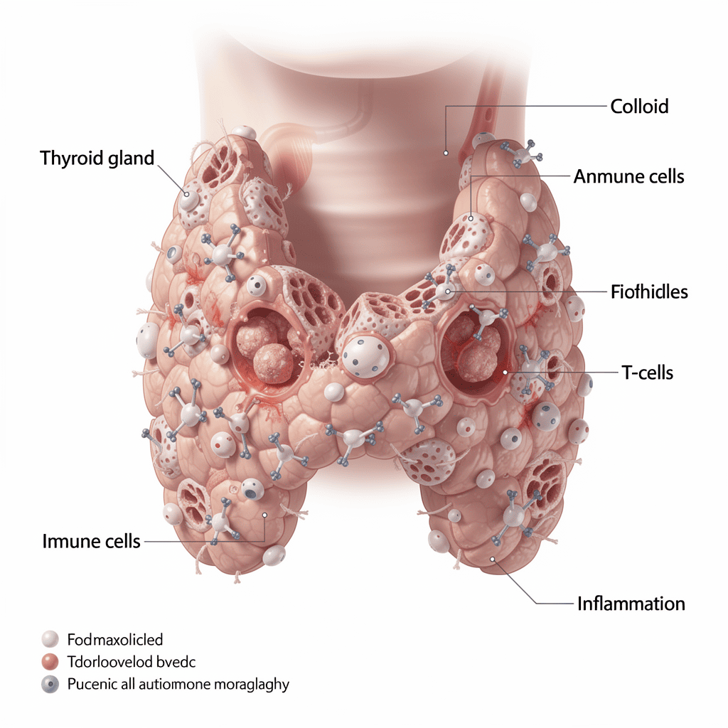 Illustration of how the immune system attacks the thyroid gland in Hashimoto's disease