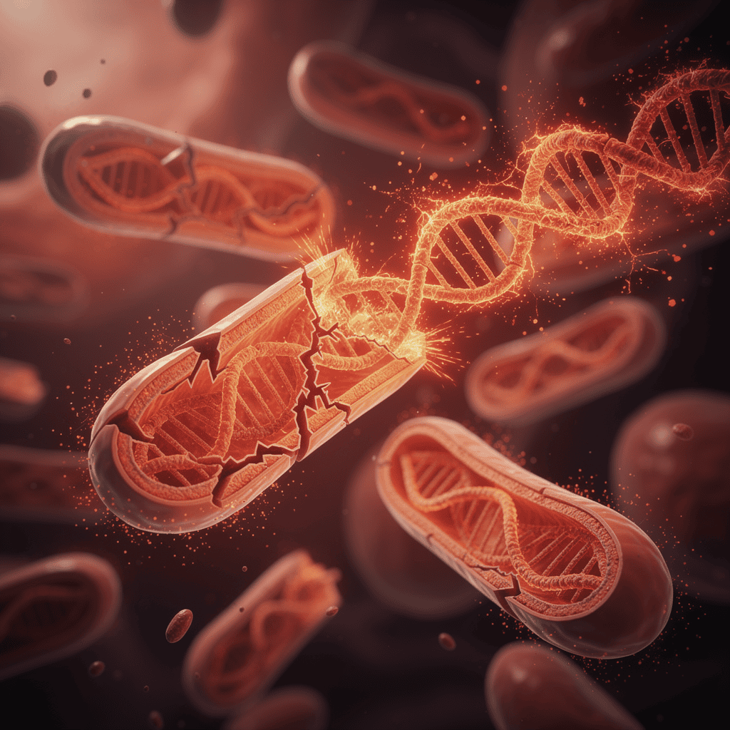 Microscopic visualization showing oxidative stress and free radicals attacking and damaging mitochondrial DNA and cellular structures.