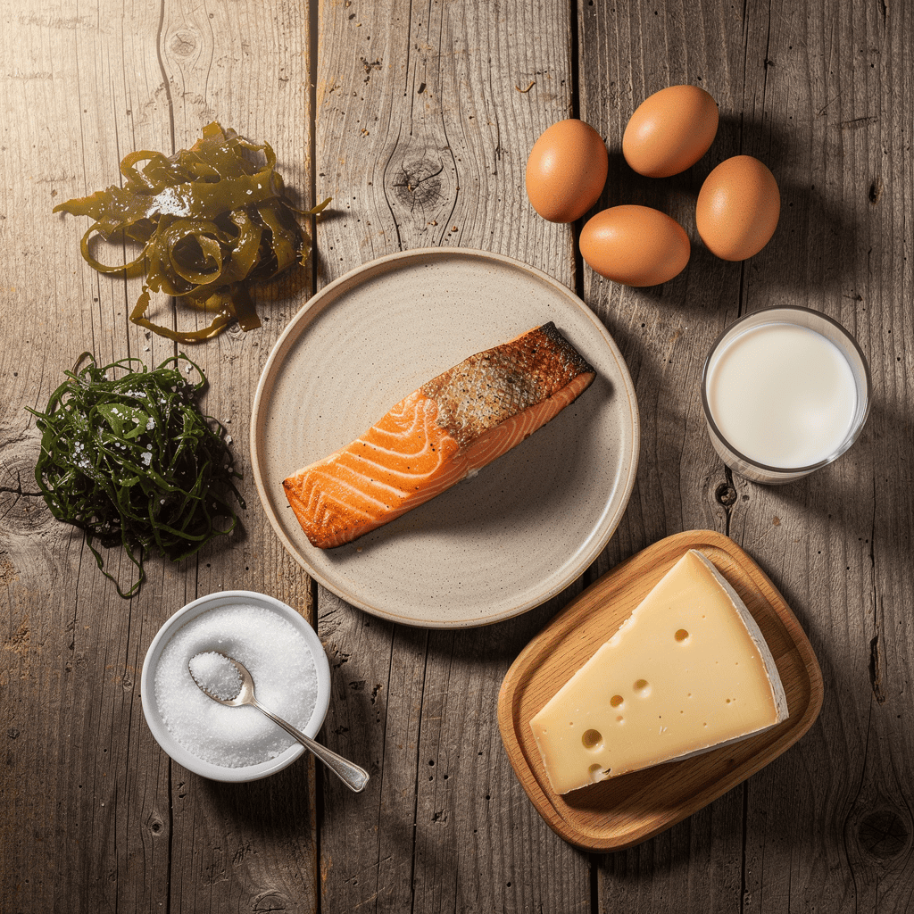 Flat-lay of iodine-rich foods including seaweed, fish, eggs, dairy, and iodized salt for thyroid health