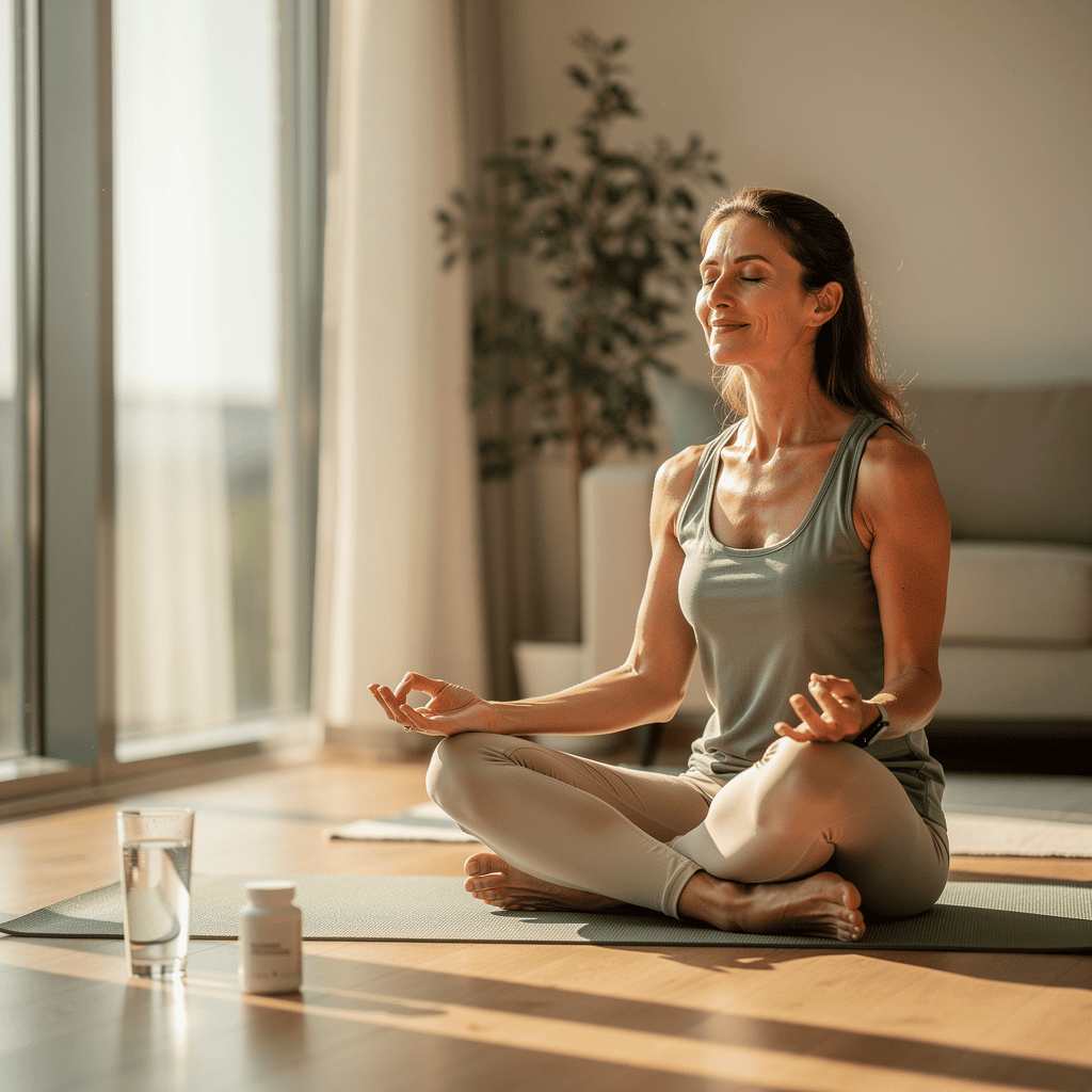 Woman meditating in morning sunlight representing adrenal health and stress management benefits of tyrosine
