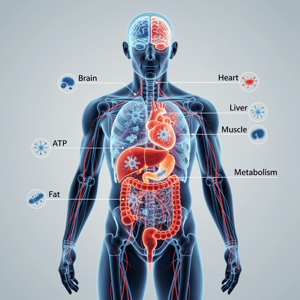 Medical infographic showing how mitochondrial dysfunction impacts major organs including the brain, heart, and metabolic system.