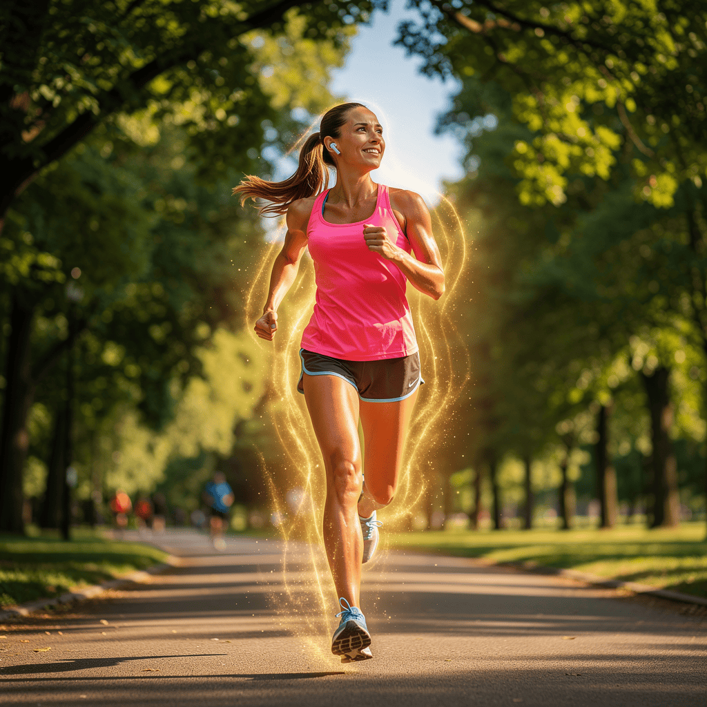 Active adult jogging in sunlit park representing energy and metabolism benefits of adequate iodine intake