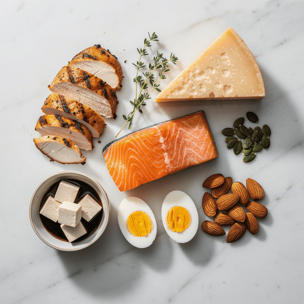 Flat-lay of tyrosine-rich foods including chicken, salmon, tofu, cheese, eggs, pumpkin seeds, and almonds
