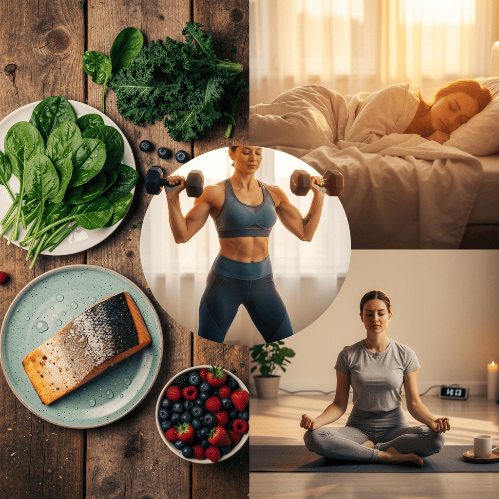 Lifestyle collage showing key factors that support mitochondrial health: nutrient-dense foods, exercise, quality sleep, and stress management.